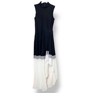Theory Wool Silk High Low Maxi Dress 4 black white gray high neck flowy‎ neutral
